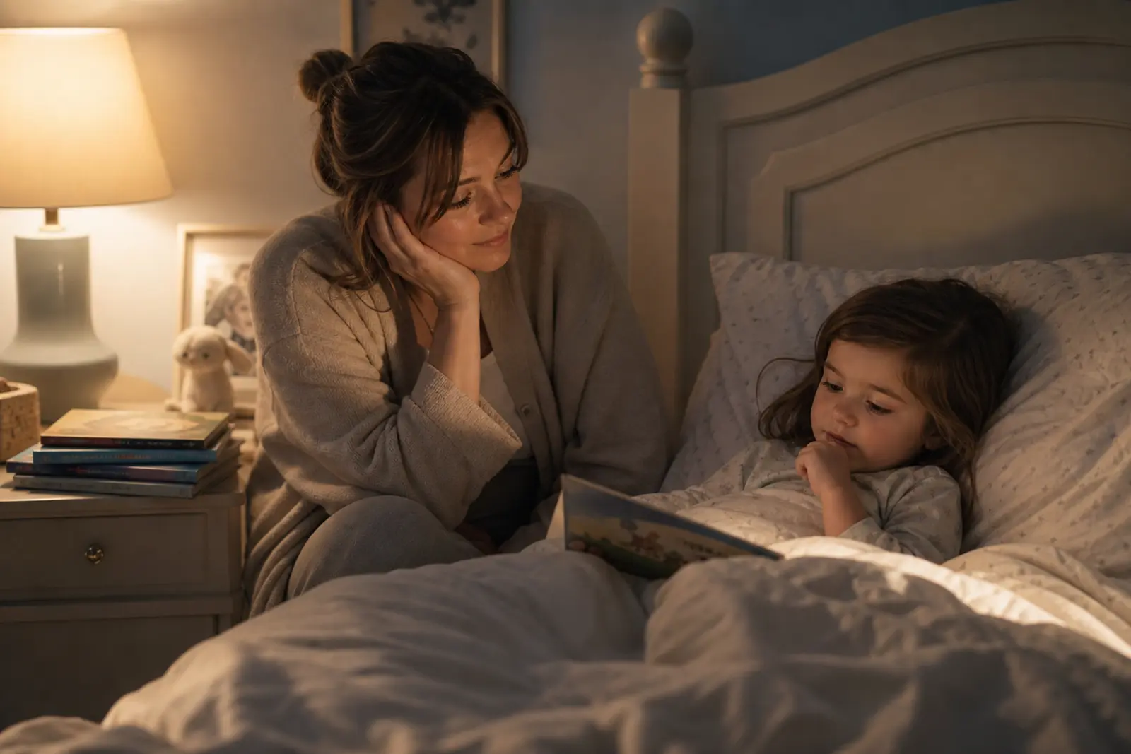 A tired mother sitting beside a child at bedtime with books nearby
