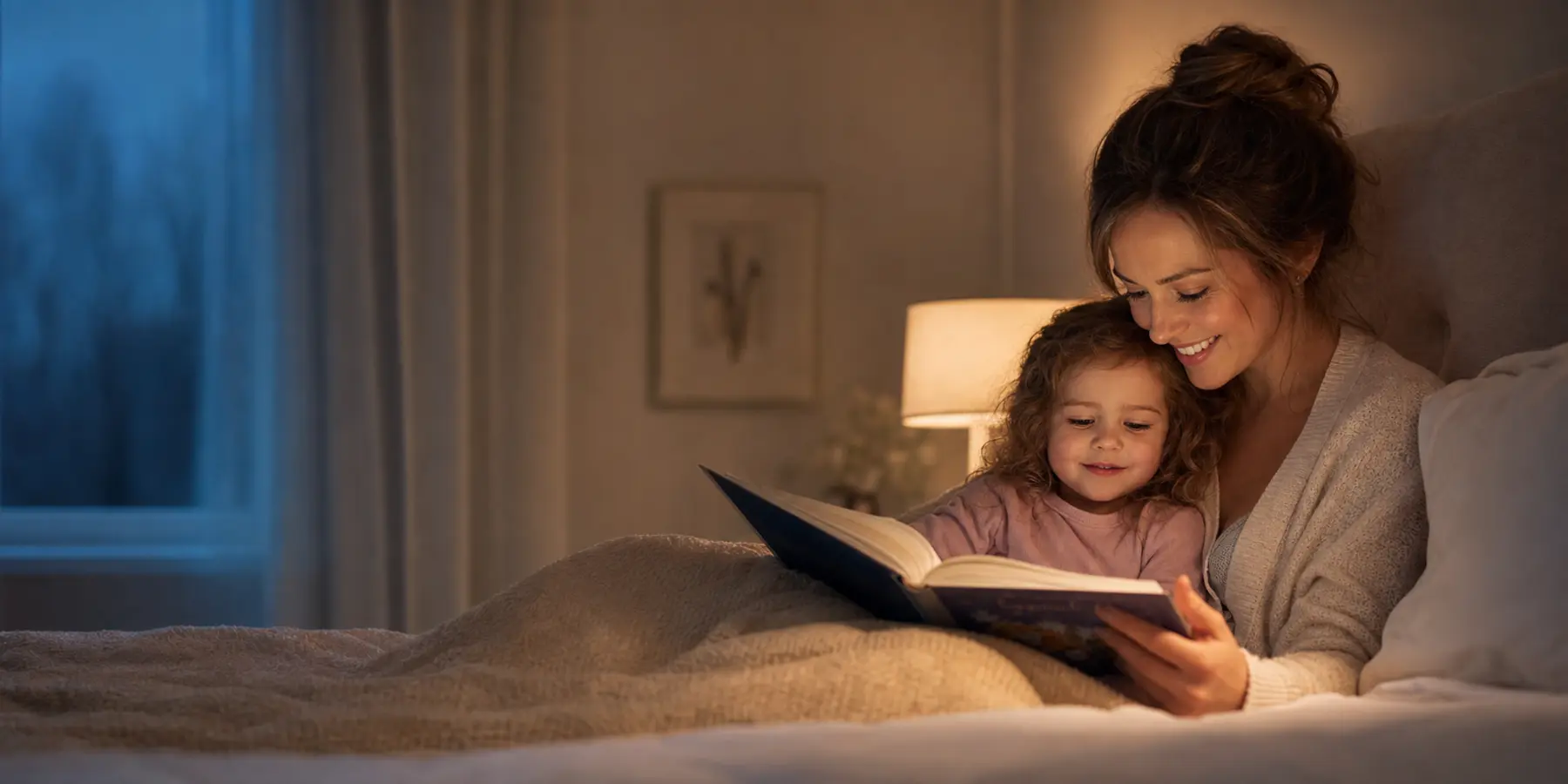 A mother and young child reading together at bedtime