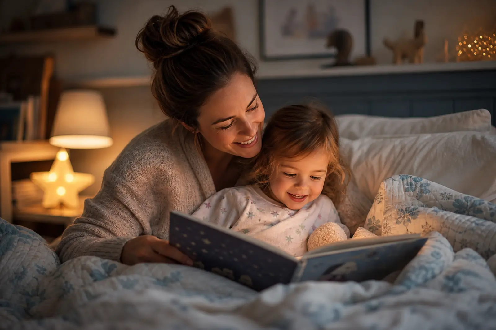 A mother and child smiling while reading a bedtime story